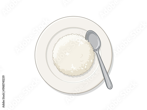 Top View of Steamed White Rice on Plate with Spoon