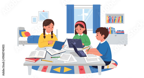 Flat style vector illustration of children doing homework together at home with books and laptop, collaborative learning and study support in a friendly environment