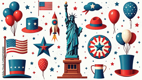 Patriotic icons, American symbols, 4th of July elements, star-spangled illustrations, USA vector graphics