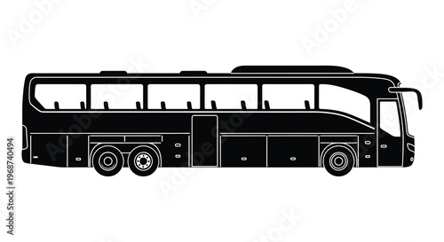 A stark black silhouette of a large passenger coach bus displaying its long form and window arrangement silhouette high quality professional
