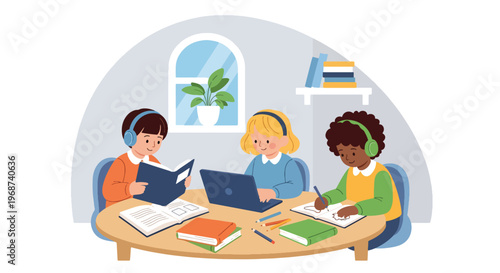 Flat style vector illustration of children doing homework together at home with books and laptop, collaborative learning and study support in a friendly environment