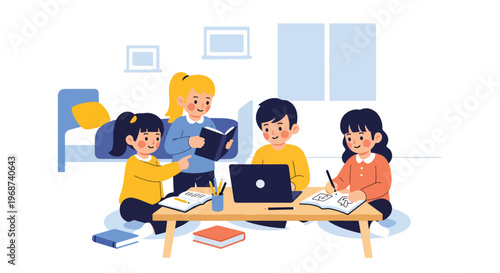 Flat style vector illustration of children doing homework together at home with books and laptop, collaborative learning and study support in a friendly environment