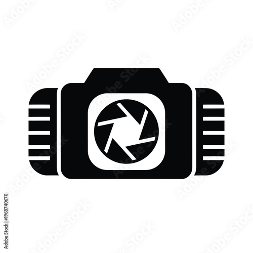 A stylized black and white graphic icon of a camera with an open aperture, representing photography and creativity.