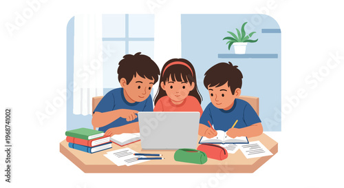 Flat style vector illustration of children doing homework together at home with books and laptop, collaborative learning and study support in a friendly environment