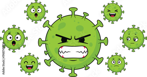 Cartoon virus illustration, green pathogen icons, angry face germ, funny microbes, emotional expressions, health education graphic, vector design, biology art, disease symbol, microbiology cartoon