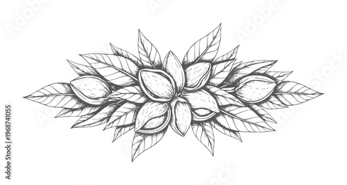 Hand drawn cocoa pods and leaves decorative border bean cacao leaf