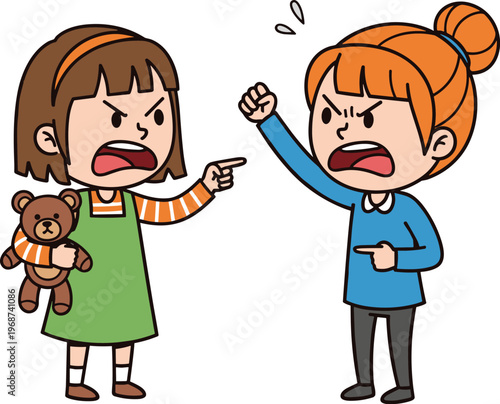Children arguing illustration, cartoon conflict scene, kids disagreement, toy dispute, emotional expression, childhood quarrel, vector art, playful design, family issue, animated style