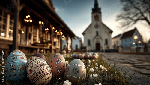 Highly decorated easter eggs on the ground on a street near a church 