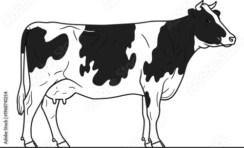 Side view illustration of a black and white spotted dairy cow standing on a line, farm animal vector for agriculture.
