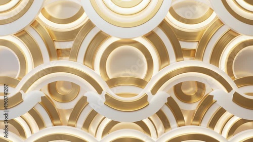 Seamless looping 3d animation with golden concentric arch patterns, elegant metallic wave texture for luxury motion background and modern