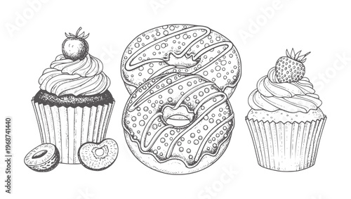 Hand drawn of two frosted donuts and two cupcakes with fruit toppings food sweet