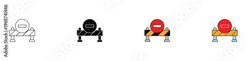 Under construction road block barrier and no entry sign icon set. Street maintenance, traffic safety, and restricted access symbols. Vector Illustration.