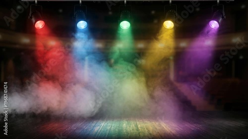 Stage performance background with colorful spotlights and swirling fog, dramatic theater lighting with dynamic beams, event atmosphere