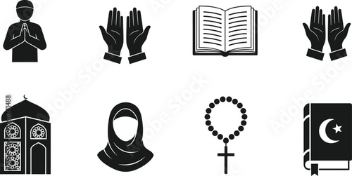 Set of black and white religious icons including praying hands, mosque, hijab woman, rosary cross, and holy book for spirituality.