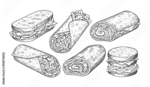 Hand drawn of various sandwiches wraps and burger food monochrome