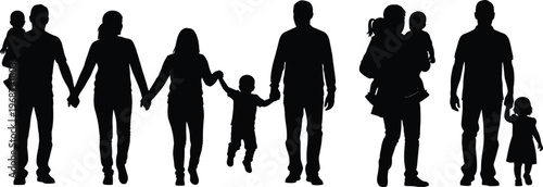 Black Silhouette Set of Diverse Happy Families and Parents Holding Hands with Children and Toddlers Representing Love Togetherness Community Support and Growing Household Units