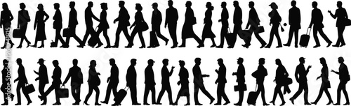 WebWalking silhouettes of diverse people commuters travelers pedestrians carrying bags luggage, flavector