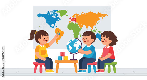 Flat style vector illustration of children learning geography using world map and globe, pointing at continents in classroom, global education and knowledge concept