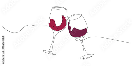 Continuous one line drawing of two wine glasses clinking for a toast. Celebration, party, and romantic drink concept. Vector Illustration.