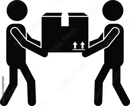 Black stick figures carrying a heavy cardboard box representing professional logistics delivery services moving house teamwork warehouse distribution and shipping industry concept