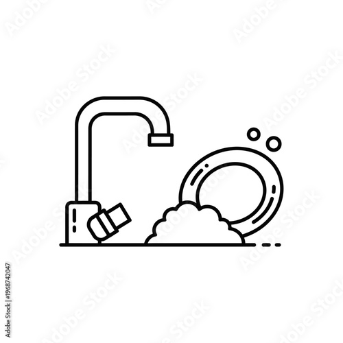 Dishwashing Icon: Faucet, Plate, and Bubbles - Cleanliness and Hygiene Concept