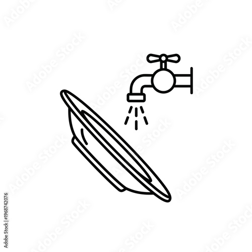 Cleanliness concept: Washing dishes under running water from a faucet, simple line art illustration.