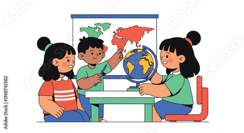 Flat style vector illustration of children learning geography using world map and globe, pointing at continents in classroom, global education and knowledge concept