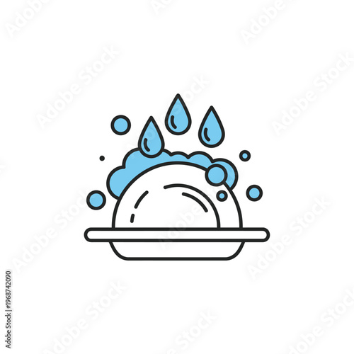 Dishwashing Icon: Plate with Soap Suds and Water Drops, Clean Kitchenware Concept