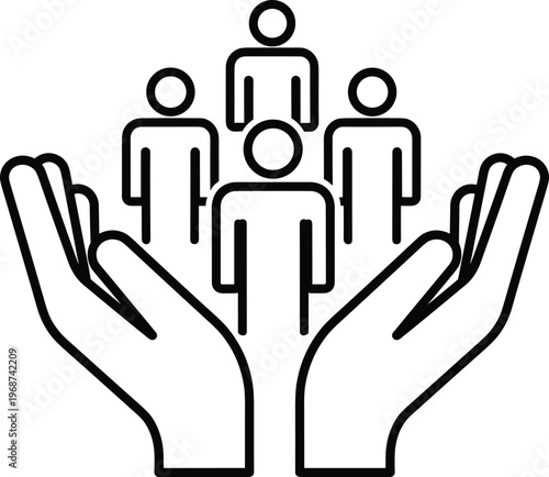 Conceptual line icon of protective cupped hands holding a group of people representing human resources insurance social security community support and employee care services