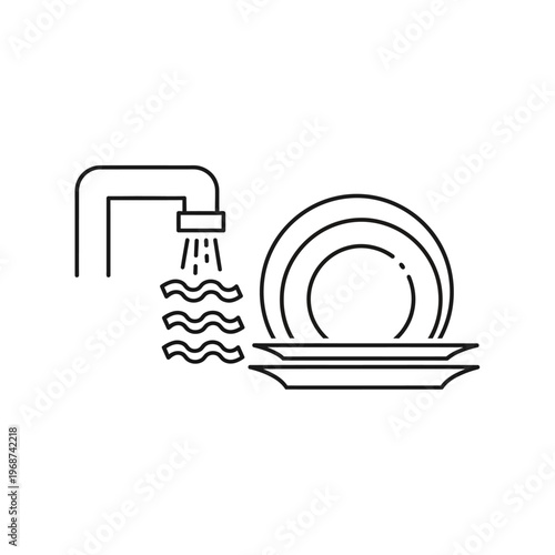 Washing dishes icon. Simple line art illustration of faucet running water onto plates and dishes.