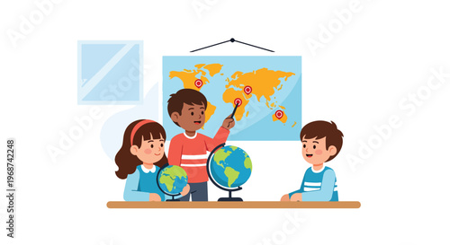 Flat style vector illustration of children learning geography using world map and globe, pointing at continents in classroom, global education and knowledge concept