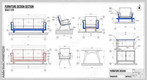 Architectural Interior Furniture CAD Plans Vector Section Illustration Technical Blueprint Collection Set