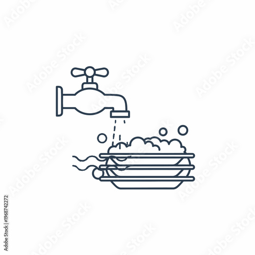 Washing dishes with running water and soap bubbles, simple line art icon.