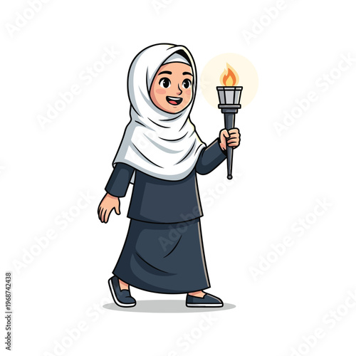 Cute Muslim girl wearing hijab walking and carrying a flaming torch cartoon vector illustration