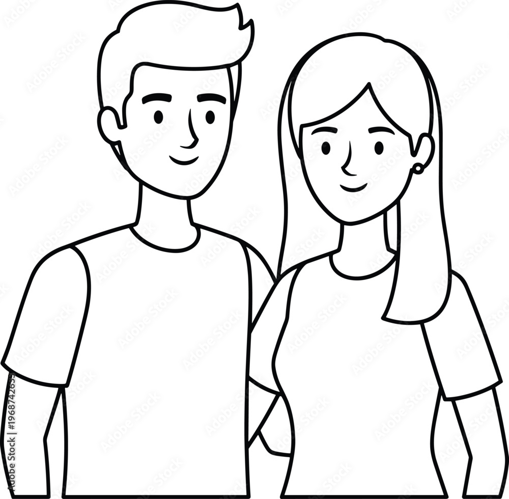 Obraz premium Minimalist black and white line art illustration of a young happy couple smiling together representing love romance partnership friendship and youth lifestyle concept