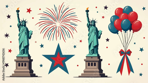 Patriotic icons, American symbols, Statue of Liberty illustrations, 4th of July graphics, USA vector set