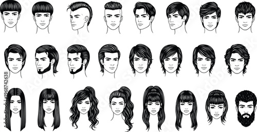 Hairstyle heads silhouettes vector, men women haircut illustration, diverse hair design chart, fashion beauty decor, character style icons, barber reference