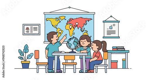 Flat style vector illustration of children learning geography using world map and globe, pointing at continents in classroom, global education and knowledge concept