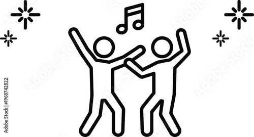 Minimalist line art icon of two stick figures dancing happily with music notes and sparkles representing celebration party joy success and nightlife entertainment concept