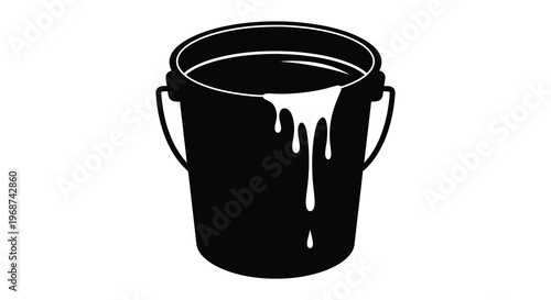 A black bucket overflowing with white paint featuring dripping texture and a stark contrast silhouette high quality professional detailed modern elegant