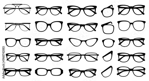 Glasses icon set with various black frames and lenses, including cat eye, aviator, and retro styles.