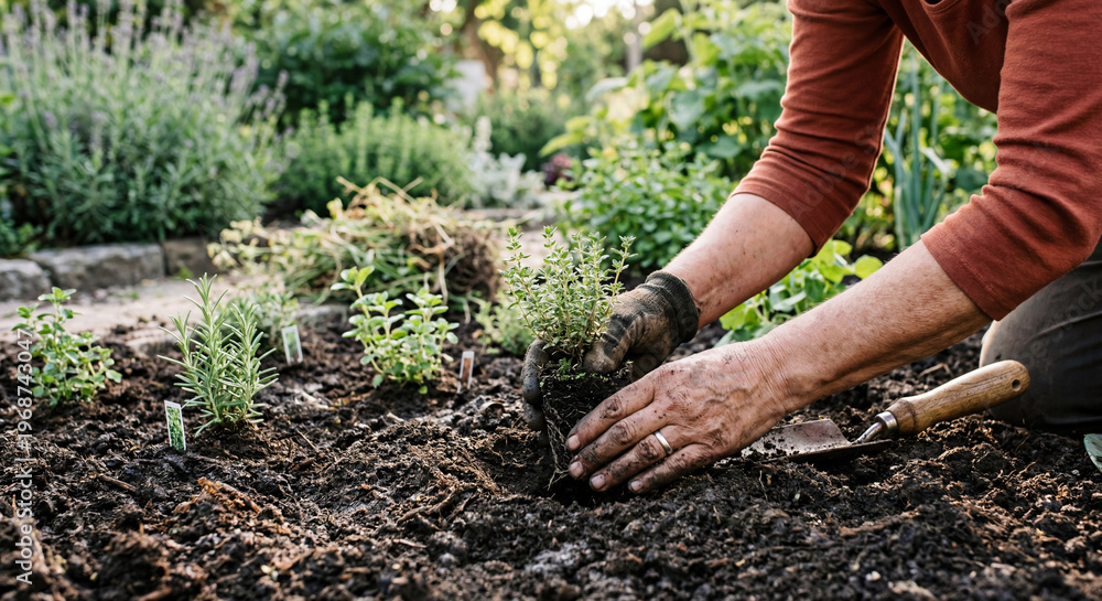 Fototapeta premium Hands planting small plants in soil, symbolizing environmental restoration, sustainability, and eco-friendly community initiatives.