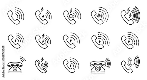 Telephone icons set with signal waves and different styles featuring phone, icon, communication with device and mobile elements for landline, rotary