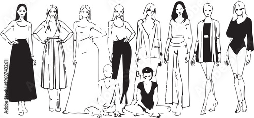 Set of 9 Fashion Model Poses Vector Illustrations isolated PNG with Transparent Background