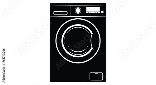 A stark black and white depiction of a modern front loading washing machine rendered as a bold silhouette high quality professional detailed