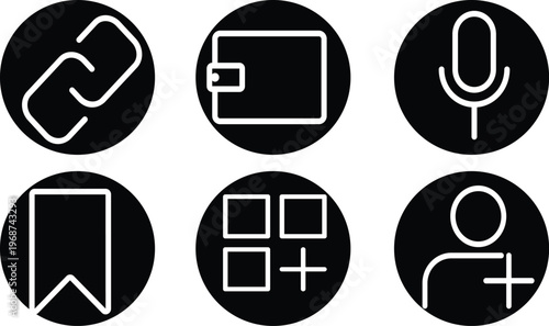 Set of 6 Minimalist White Outline Interface Icons on Black Circular Backgrounds Vector
