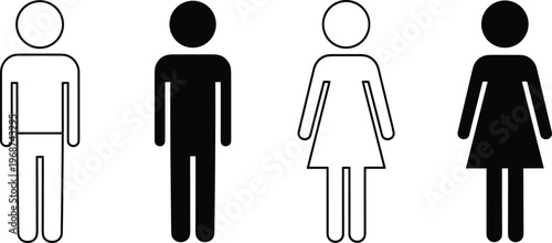 Set of male and female stick figure icons in black silhouette and outline style representing gender diversity equality social inclusion and human community concept