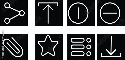 Set of 8 Minimalist White Outline Interface Icons on Black Square Backgrounds Vector