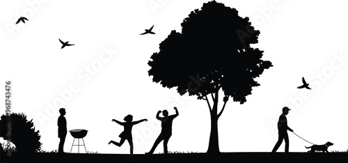Park silhouette vector, outdoor leisure illustration, people animals nature, barbecue picnic scene, dancing figures, dog walking design, birds flying decor
