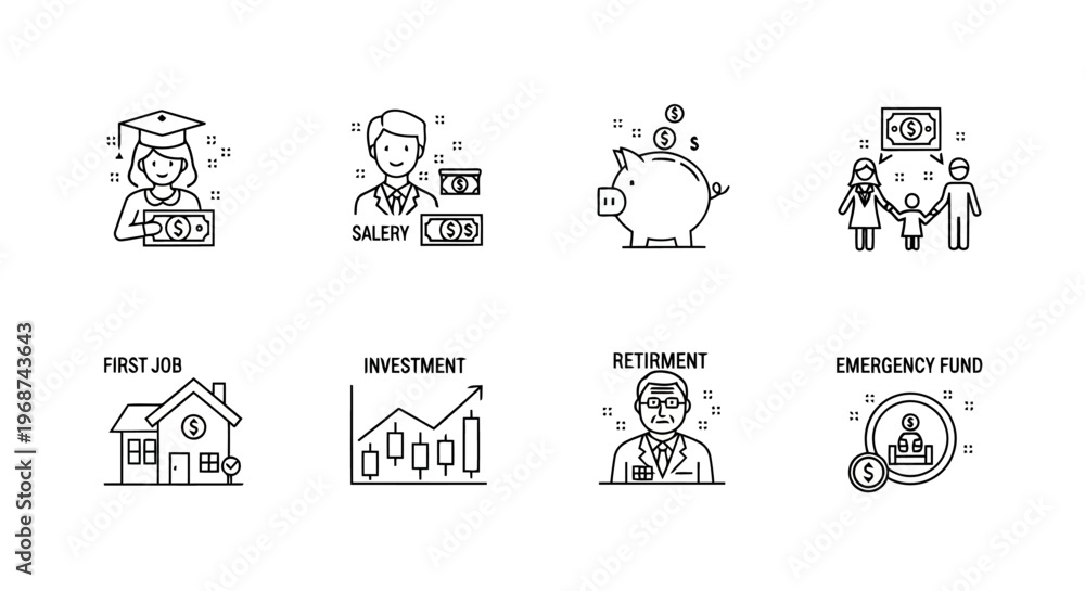 Fototapeta premium Personal Finance Line Icon Set Illustrating Life Stages and Wealth Management Strategy